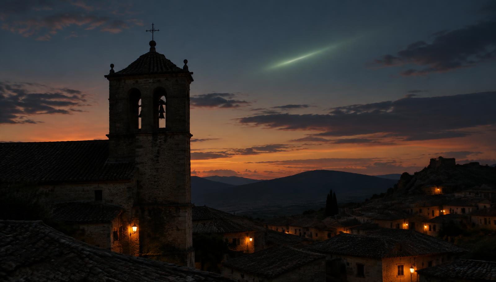 Campanario de un pueblo en silueta al anochecer, con un destello verde en el cielo